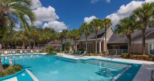 Pool area with sun chairs and palm trees