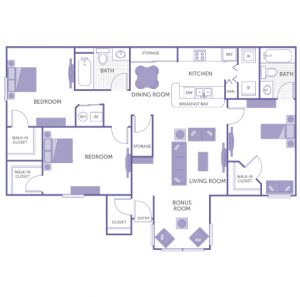 2 bed 2 bath floor plan, kitchen, dining room, living room, bonus room, 3 walk-in closets, 1 closet, 2 storage closets, washer and dryer in unit